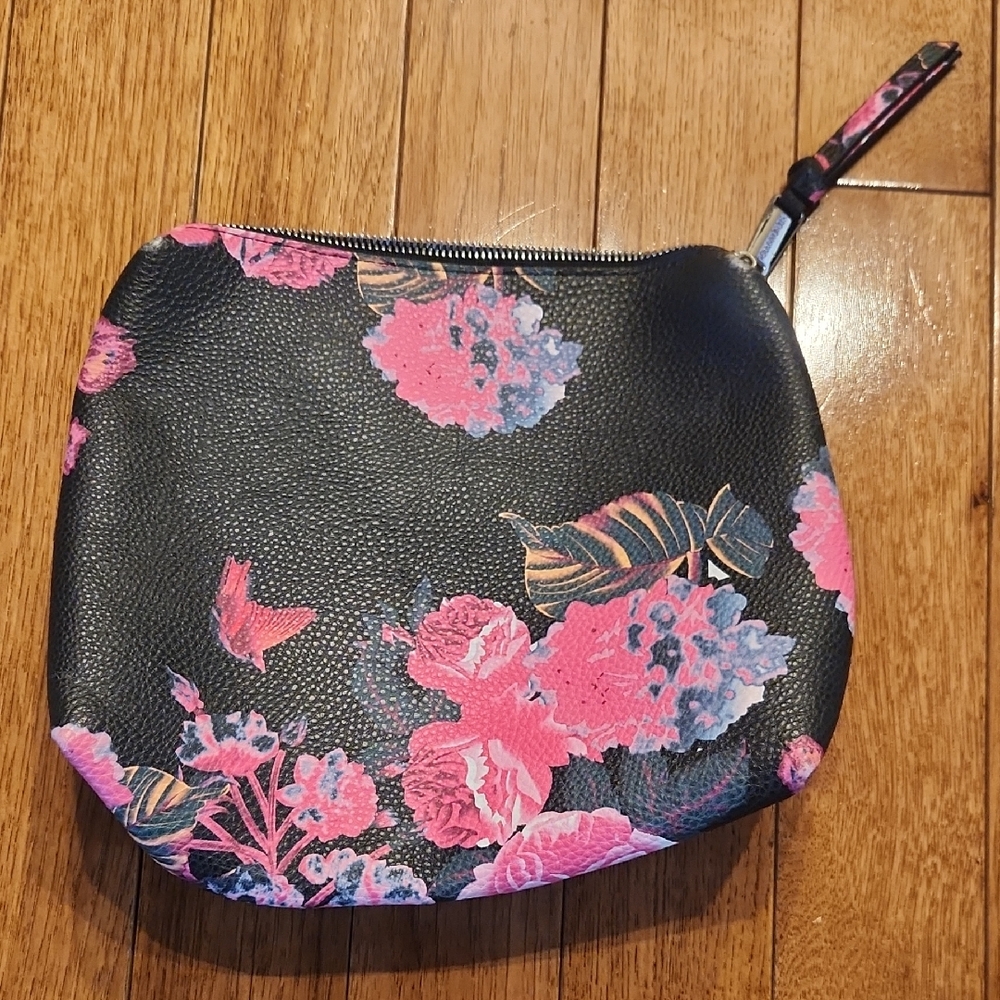 Steve Madden Floral Makeup Bag Cosmetic Pouch Black Pink Zip Travel Case P-006